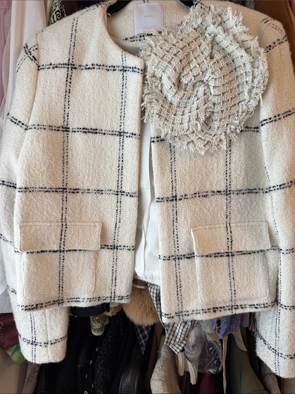 Mango Ivory Tweed Jacket with Black Windowpane Detail and floral appliqué